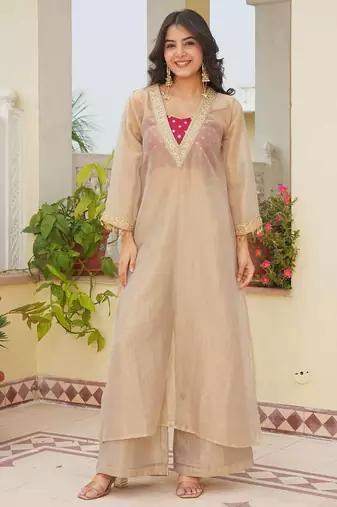 Beige tissue readymade 3 piece suit suit with embroidery & sequence work