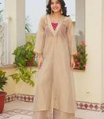 Beige tissue readymade 3 piece suit suit with embroidery & sequence work