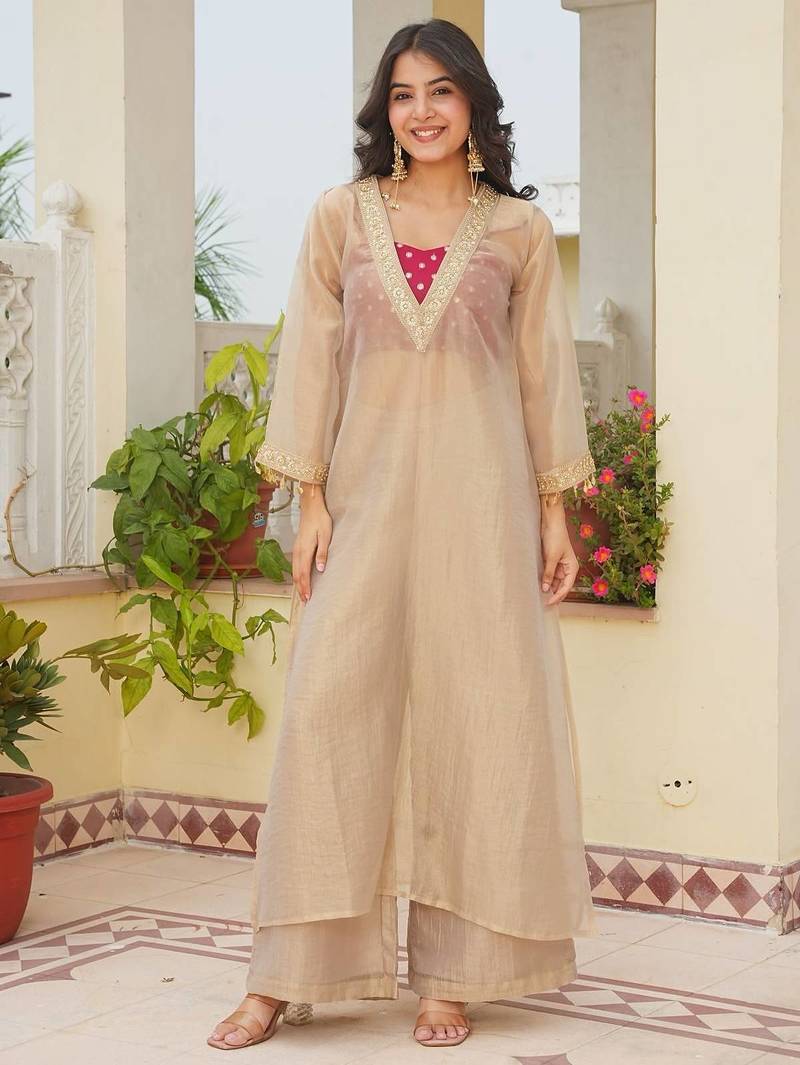 Beige tissue readymade 3 piece suit suit with embroidery & sequence work