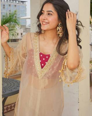 Beige tissue readymade 3 piece suit suit with embroidery & sequence work 2
