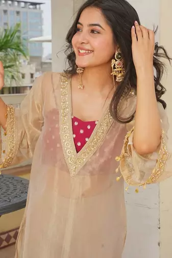 Beige tissue readymade 3 piece suit suit with embroidery & sequence work