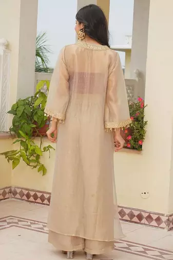 Beige tissue readymade 3 piece suit suit with embroidery & sequence work