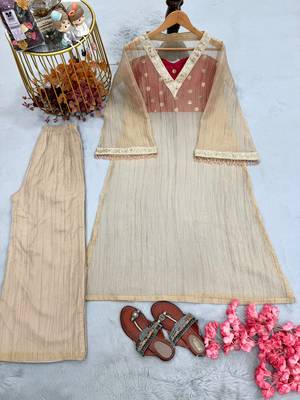 Beige tissue readymade 3 piece suit suit with embroidery & sequence work 4