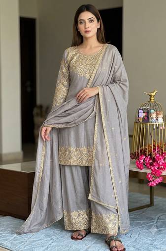 Grey chinon readymade suit with embroidery & Sequin work
