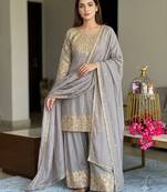 Grey chinon readymade suit with embroidery & sequence work