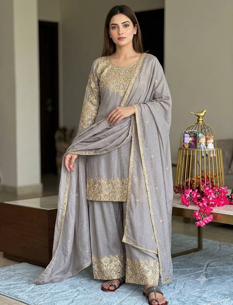 Grey chinon readymade suit with embroidery & sequence work