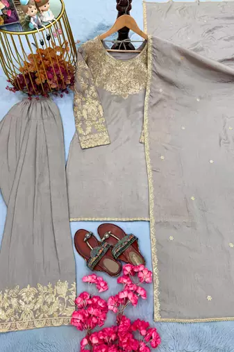 Grey chinon readymade suit with embroidery & sequence work
