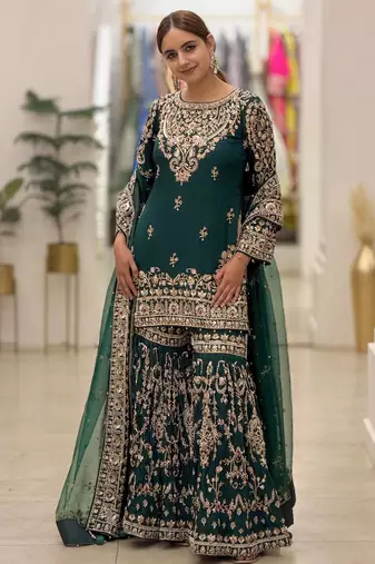 D green georgette readymade suit with embroidery & sequence work