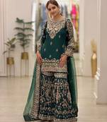 D green georgette readymade suit with embroidery & sequence work