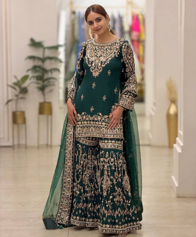 D green georgette readymade suit with embroidery & sequence work