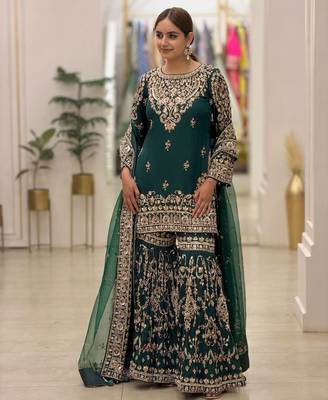 D green georgette readymade suit with embroidery & sequence work 2