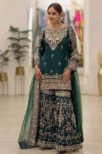 D green georgette readymade suit with embroidery & sequence work