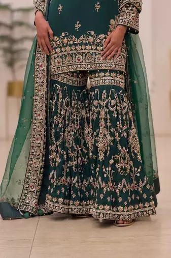 D green georgette readymade suit with embroidery & sequence work