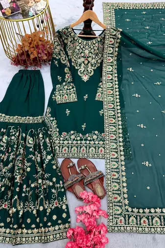 D green georgette readymade suit with embroidery & sequence work