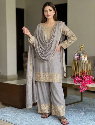 Grey chinon readymade suit with embroidery & sequence work 4