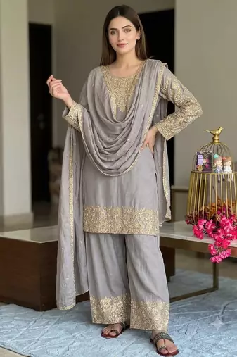 Grey chinon readymade suit with embroidery & sequence work