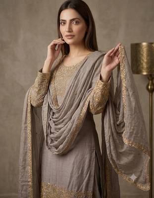 Grey chinon readymade suit with embroidery & sequence work 5