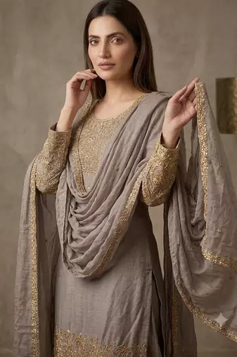 Grey chinon readymade suit with embroidery & sequence work