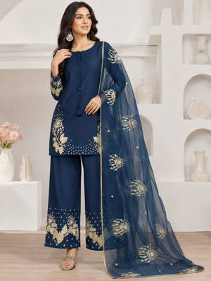 Teal crepe readymade suit with embroidery & sequence work 2