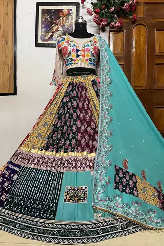 Sky Blue Mirror Navratri Lehenga Choli With Dupatta