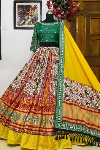 Green Mirror Navratri Lehenga Choli With Dupatta