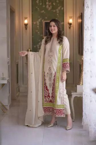 White silk blend readymade suit with embroidery & sequence work