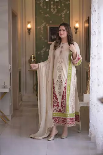 White silk blend readymade suit with embroidery & sequence work