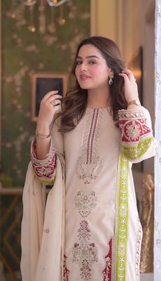 White silk blend readymade suit with embroidery & sequence work 3