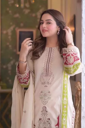 White silk blend readymade suit with embroidery & sequence work