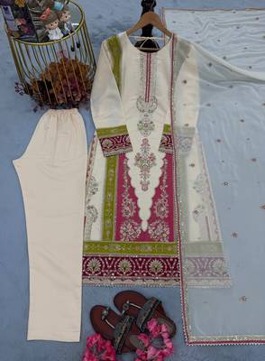White silk blend readymade suit with embroidery & sequence work 4