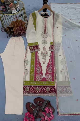 White silk blend readymade suit with embroidery & sequence work