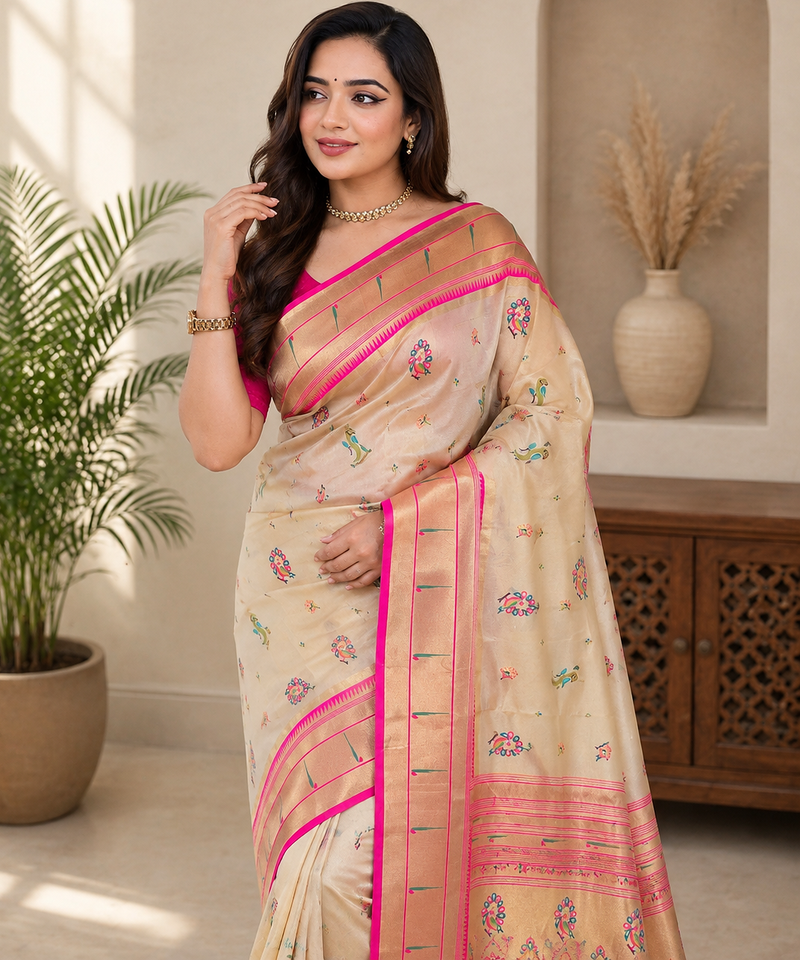 cream color multicolor butti vibrant contrast pink borde tissue silk blend saree