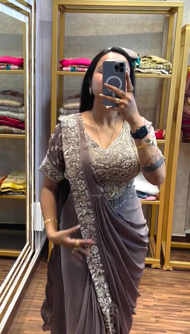Regal taupe embroidered saree