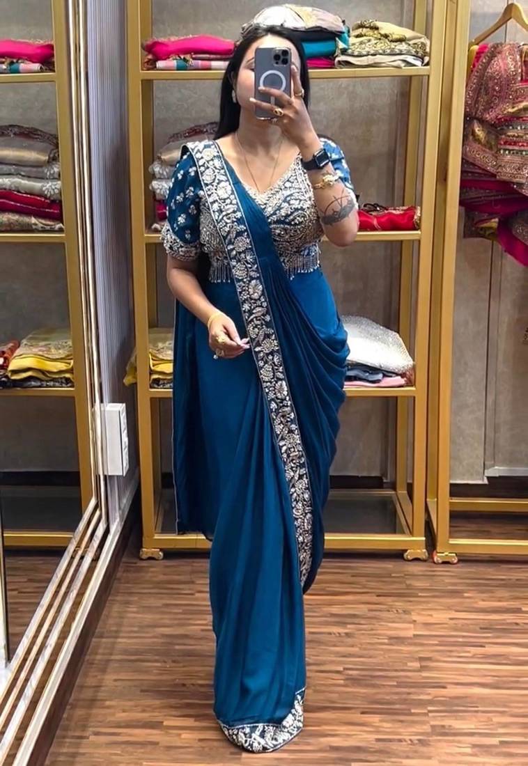 Royal blue embroidered saree