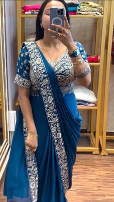 Royal blue embroidered saree 2