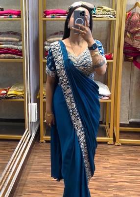 Royal blue embroidered saree 3