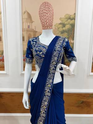Royal blue embroidered saree 5
