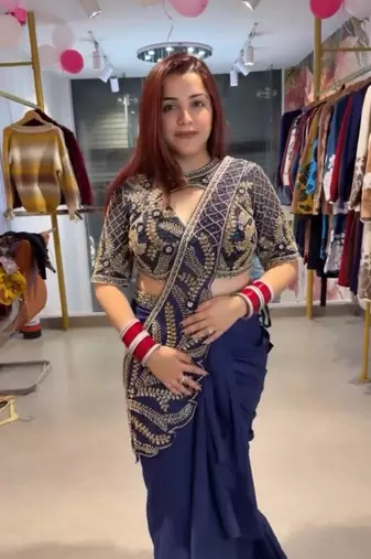 Royal blue silk blend embroidered saree