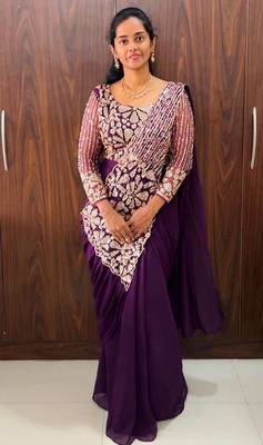 Royal purple embroidered pre-draped saree with designer blouse 1