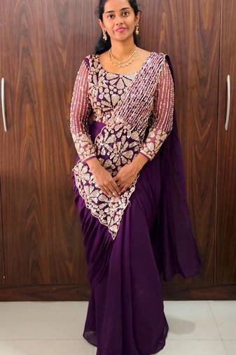 Royal purple embroidered pre-draped saree with designer blouse