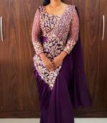 Royal purple embroidered pre-draped saree with designer blouse