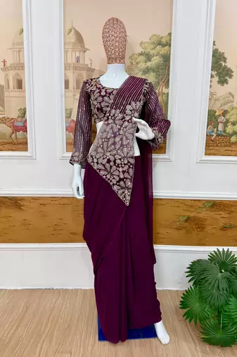 Royal purple embroidered pre-draped saree with designer blouse