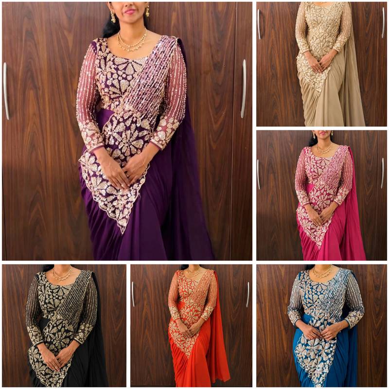 Royal purple embroidered pre-draped saree with designer blouse