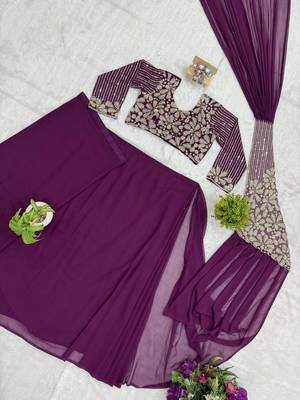 Royal purple embroidered pre-draped saree with designer blouse 4