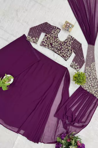 Royal purple embroidered pre-draped saree with designer blouse