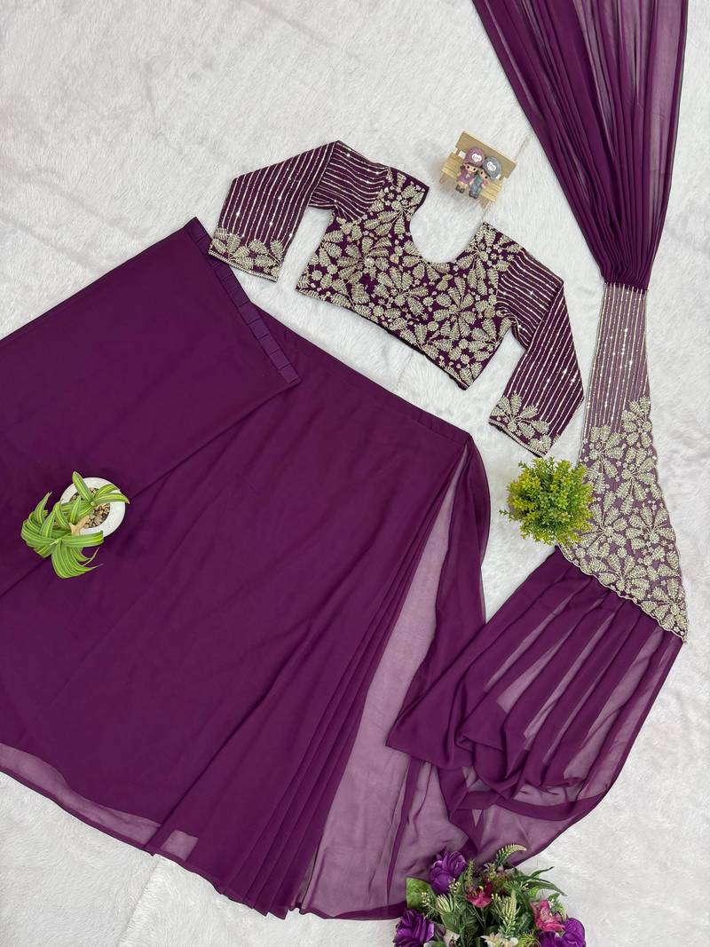 Royal purple embroidered pre-draped saree with designer blouse