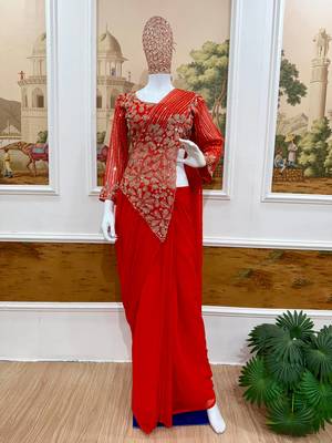 Red embroidered pre-draped saree with designer blouse 1