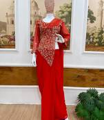 Red embroidered pre-draped saree with designer blouse