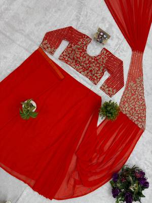 Red embroidered pre-draped saree with designer blouse 2