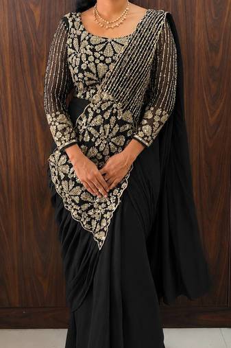Black embroidered pre-draped saree with designer blouse